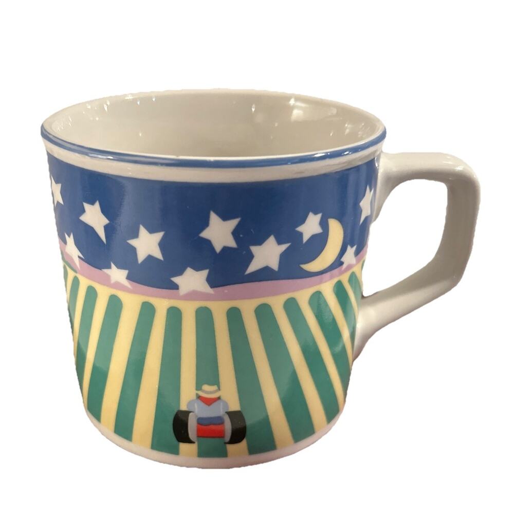 Vtg Tienshan Stoneware Farmer on Tractor Mug Field Under Night Sky Coffee Cup